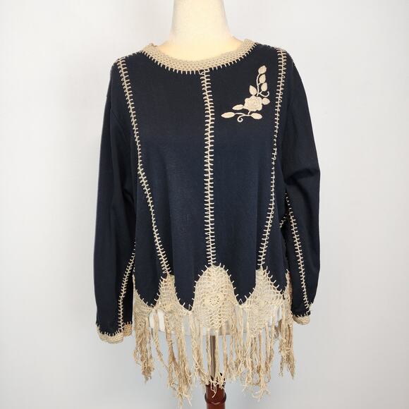 Vintage Giorgio Fiorlini Sweater Size 18/20W Crochet Fringe Black Embroidered - Picture 1 of 12